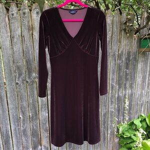 S Lands End Brown Velvet Midi Dress V Neck Long Sleeve Autumn Vibe 🍂